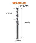 Solid Carbide Two Flute Spiral Down Cut Router Bit End Mill, 12mm diameter, 100mm length, ideal for wood projects.