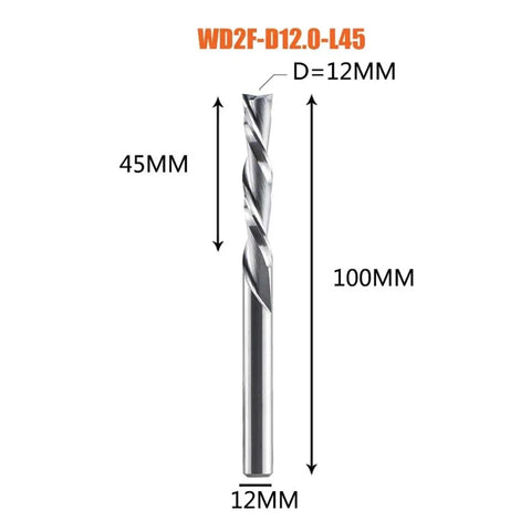 Solid Carbide Two Flute Spiral Down Cut Router Bit End Mill, 12mm diameter, 100mm length, ideal for wood projects.