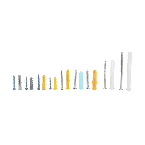 Assorted screws and anchors from DIY Friendly Self Tapping Screw Kit With Anchors, 200 Pieces, 10 Sizes And 4 Colors, Stainless Steel Hardware Set