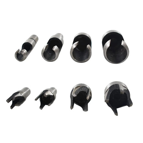 Badass 8 Piece Titanium Coated Wood Plug Cutter Drill Bit Set features various sizes of cutters for clean wood dowel cutting.