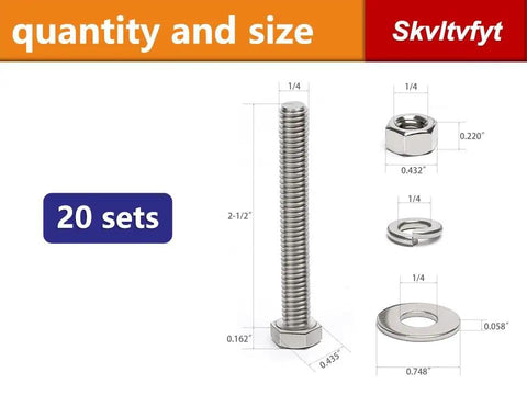 20-Piece Hex Head Screw Bolt Kit With Nuts, Flat Washers And Spring Lock Washers, 1/4-20 x 2-1/2 Inches, 304 Stainless Steel