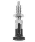 Top Shelf Stainless Steel Locating Plunger With Rugged Knurled Handle And Dependable Self Locking Spring Loaded Pin showing a black handle and stainless steel body.