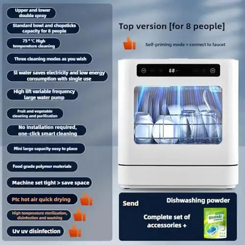 Portable Countertop Dishwasher With 8 Place Settings And 5 Wash Cycles Plug And Play Compact Counter Saver that features double spray for efficient cleaning.