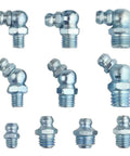 Assorted Metric Zerk Grease Fittings Kit 110 Piece with NPT M6 M8 M10 straight 45 90 degree nipples zinc plated steel DIY friendly