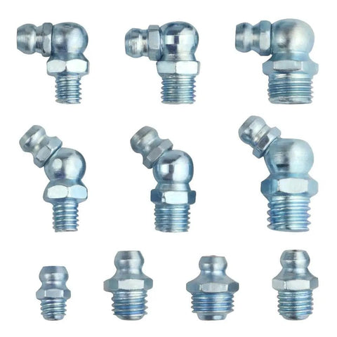 Assorted Metric Zerk Grease Fittings Kit 110 Piece with NPT M6 M8 M10 straight 45 90 degree nipples zinc plated steel DIY friendly