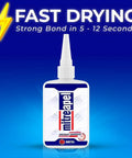 Bottle of cyanoacrylate glue with label, featuring fast drying text; product for woodworking, plastic, DIY crafts, 3.5 oz size.