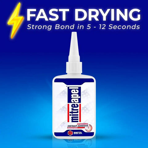 Bottle of cyanoacrylate glue with label, featuring fast drying text; product for woodworking, plastic, DIY crafts, 3.5 oz size.