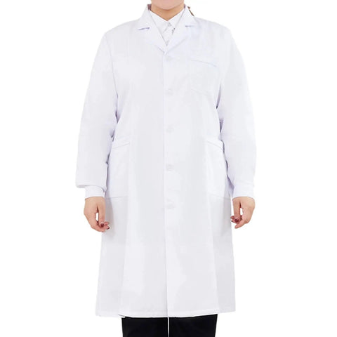 Unisex Doctor Lab Coat With Pockets For Women And Men, Long Sleeves, Stain Resistant Breathable Workwear, White, Front View