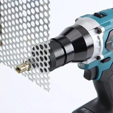 Close-up of Heavy Duty Cordless Rivet Nut Gun 26V Electric Puller working on metal sheet for M3 to M12 blind nuts.