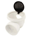 Backwater Valve With Four Inch PVC White For Sewage And Storm Drain Protection, open top view showing DWV socket connections