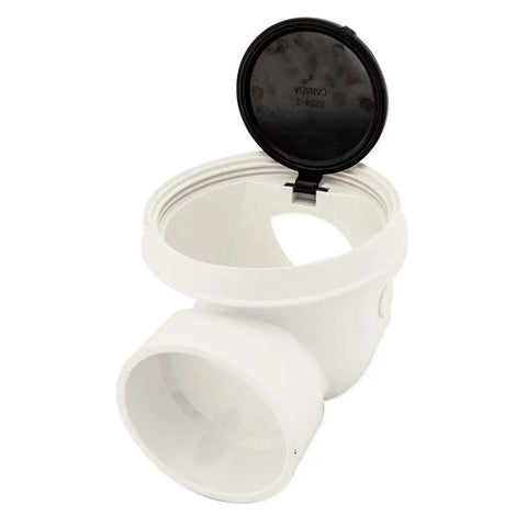 Backwater Valve With Four Inch PVC White For Sewage And Storm Drain Protection, open top view showing DWV socket connections