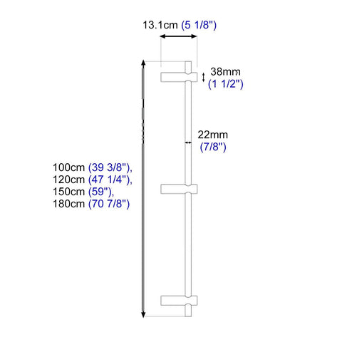 Diagram of extra long door pull handles showing dimensions for black or gold, double sided push pull gate handles with round bar design.