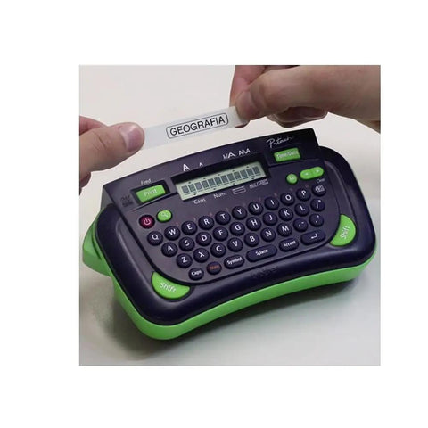 Handheld Label Maker For Home And Small Office With One Touch Time And Date Stamp 71 Symbols Five Auto Formats And Five Framing Options Budget Friendly Electronic Labeling System For Quick Clear Organization being used to print a label.