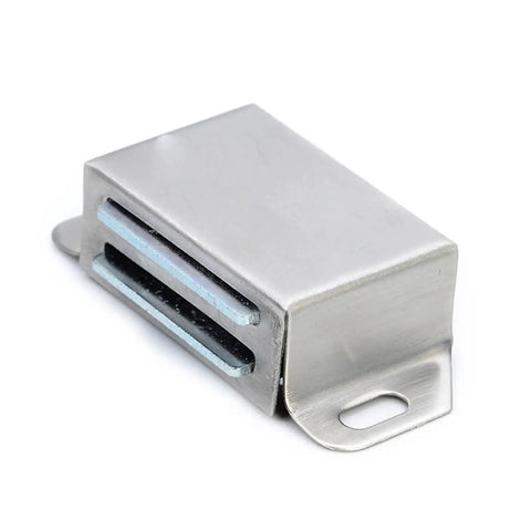 Close-up of stainless steel magnetic cabinet catch from 10 pack, showing push to open touch latch damper and screw holes.