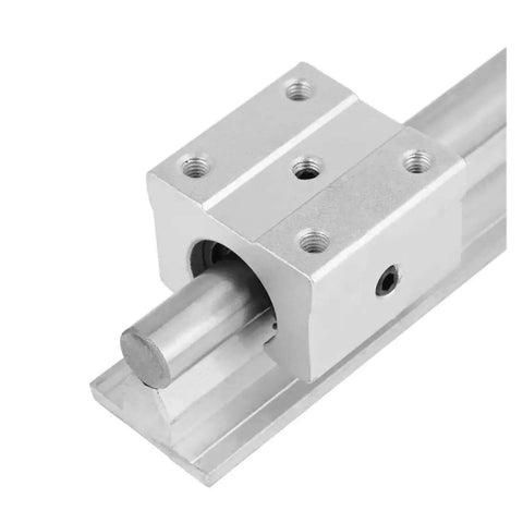 Get The Smoothest High Precision Linear Guide Rail Kit With 2 Pcs SBR12 Shafts And Four Sbr 12uu Bearing Slider Blocks For Your CNC Maker Or 3D Printer Build That Flows Like Butter Without Any Stick Slip Glitch.. SBR12 aluminum rail and bearing block close-up