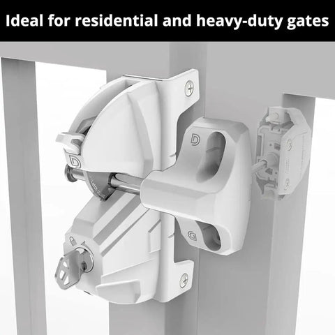 Deluxe Rekeyable Gate Latch Delivers Secure Double Sided Locking For Privacy Fences No Sweat Quick Install White Weatherproof Finish on heavy-duty gate.