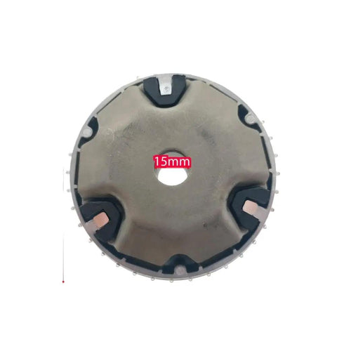 Heavy Duty GGC110 Variator Drive Face Pulley Assembly Fits Industrial Conveyor And Material Handling Systems With Cast Iron Housing For Smooth Variable Speed Power Transmission No Fuss. Top view showing a 15mm hole and cast iron design.