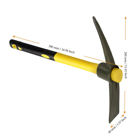 Double Headed Pick Mattock Hoe 15-Inch Garden Tool with Forged Steel Head and Fiberglass Handle, side view.