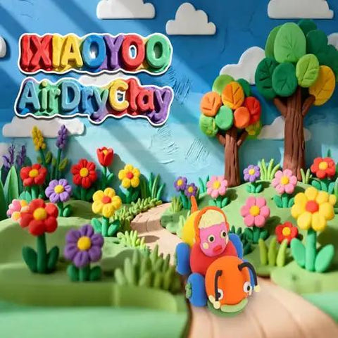 Air Dry Clay Kit For Kids With 158 Colors And Sculpting Tools, vibrant clay scene with trees, flowers, two colorful characters