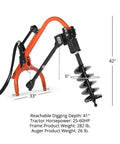 50HP Pro Series 3 Point Post Hole Digger with 6 Inch Auger for Cat 1 Tractors, side view, showing dimensions and hydraulic ram.