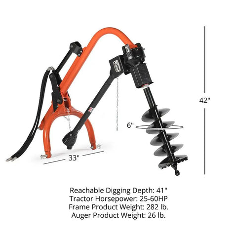 50HP Pro Series 3 Point Post Hole Digger with 6 Inch Auger for Cat 1 Tractors, side view, showing dimensions and hydraulic ram.