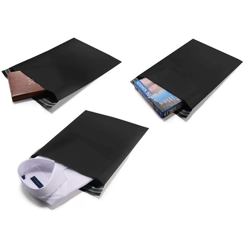 Three 12x15.5 Inch Biodegradable Shipping Bags 50 Count Compostable Poly Mailers with books and shirt visible inside.