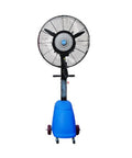 Badass Heavy Duty Industrial Misting Fan Crushes Summer Heat With High Velocity Airflow And Cold Water Fogging Slick Powder Coated Drum Frame Adjusts Tilt For Killer Patio Or Warehouse Cooling Orange Edition front view with blue base and wheels.