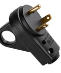 Heavy Duty 30 Amp RV Male Power Plug Solid As A Rock Copper And Nylon Build Ergonomic Grip Handle close-up view.