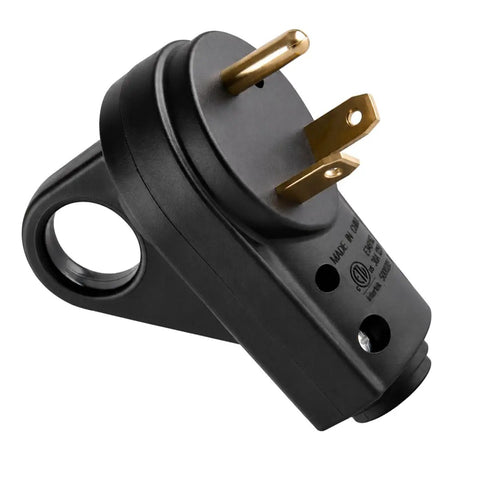 Heavy Duty 30 Amp RV Male Power Plug Solid As A Rock Copper And Nylon Build Ergonomic Grip Handle close-up view.