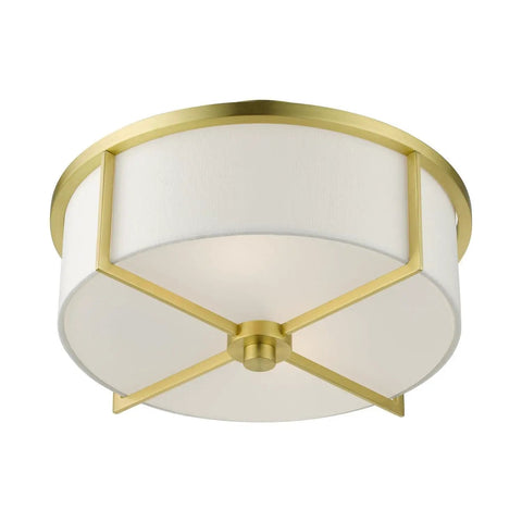 Two Light Satin Brass Stylish Semi Flush Ceiling Light With Off White Hardback Fabric Shade From Wesley Collection ceiling mount
