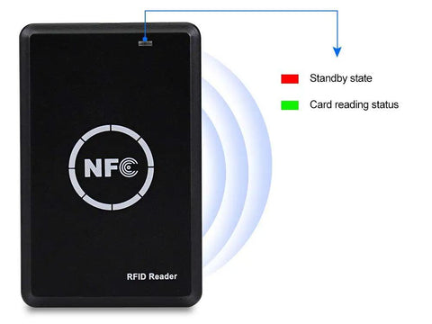 RFID And NFC Duplicator Kit For Easy Card Cloning With 125KHz Key Fob Copier, showing LED status indicators and NFC logo.