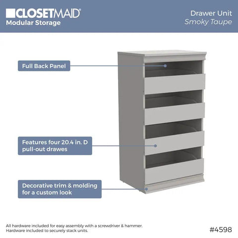 Super Slick Modular Closet Storage Organizer With Four Stackable Drawers In Taupe Decked Out With Decorative Trim And A Solid Back Panel For A Gotta Have Organized Space Vibe That Stays Tight And Totally Hassle Free