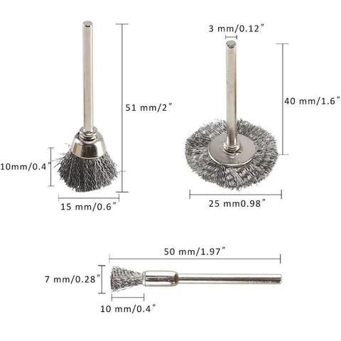 60 Piece Wire Brush Set For Rotary Tools Stainless Steel Wire Wheels With Pen Brushes measurement details for precision cleaning