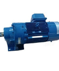 Rock Solid Heavy Duty Gear Reducer For Industrial Motors Built Tough To Smoothly Dial In Speed And Amp Up Power Transmission While Controlling Torque With Bulletproof Reliability Sealed Fresh In Box, blue motor with gearbox.