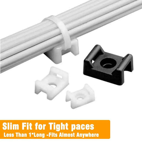 120 Pack White Cable Zip Tie Mounts Kit with 120 Nylon Zip Ties showing white and black saddle bases and cables