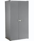 Heavy Duty Deep Door Bin Storage Cabinet Assembled With 156 Blue Plastic Organizers Built Like A Tank For Garage Tools And Shop Gear With Cut Resistant Lock Hasp Real Deal in grey steel.