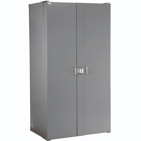 Heavy Duty Deep Door Bin Storage Cabinet Assembled With 156 Blue Plastic Organizers Built Like A Tank For Garage Tools And Shop Gear With Cut Resistant Lock Hasp Real Deal in grey steel.