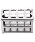 Top view of Durable 304 Stainless Steel Test Tube Holder Lab Stand Rack with eight holes and three layers for 26 to 30mm tubes.