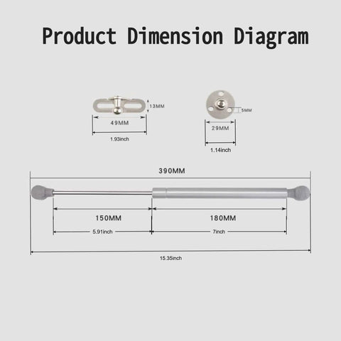 Diagram showing dimensions of Two Pack 14 Inch Gas Spring Hinges For Toy Boxes And Cabinets 150N Heavy Duty Soft Close Safety Hinges