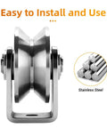 Kickass Precision V Groove Wheel Pulley In 304 Stainless Steel With Double Bearings, side view showcasing smooth design for gate tracks.