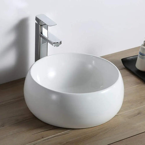 Top Mount 12 Inch Round White Vessel Sink For Bathroom Vanity, Durable Solid Porcelain Ceramic Construction, Above Counter Installation, No Mounting Ring Needed, Glazed Non-Porous Finish For Easy Cleaning