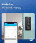 Slick Smart Lock Electronic Deadbolt with App Key Digital Entry and Fingerprint Tech for Top Shelf Home Security plus Guest Access and No Sweat Setup with Low Battery Alert for Homes Schools and Hotels with smartphone app in use.