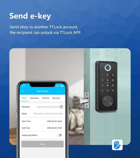 Slick Smart Lock Electronic Deadbolt with App Key Digital Entry and Fingerprint Tech for Top Shelf Home Security plus Guest Access and No Sweat Setup with Low Battery Alert for Homes Schools and Hotels with smartphone app in use.