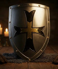 Medieval Crusader Steel Shield Beefy 18 Gauge Armor Handcrafted Warrior Shield with black cross design, candles in background