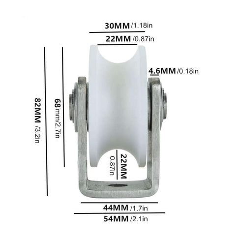 Front view of Heavy Duty Nylon Sliding Track Roller With 304 Stainless Steel Bracket And Bearing And Directional Pulley, U Type 68mm