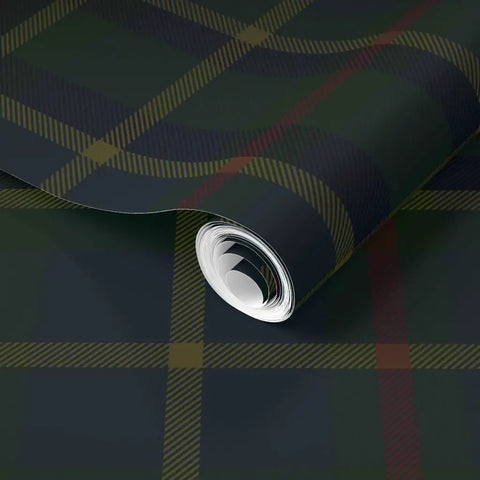 Classic Traditional Print Pre Pasted Removable Wallpaper Easy Peasy Install For Rented Spaces And Accent Walls Snaps Right Into Place Zero Pressure Printed In Usa rolled blue plaid wallpaper on a smooth surface.