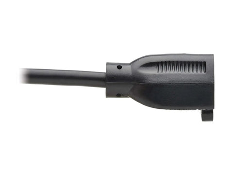 Close-up of Heavy Duty 10 Ft 16 AWG Power Extension Cord, 13 Amp 120 V NEMA 5-15P To 5-15R Black UL Listed Cable plug.