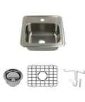 Drop In One Hole Kitchen Sink Kit, Single Bowl, Brushed Stainless Steel, 15 Inch Square, 20 Gauge 304 Stainless, Includes Bottom Grid And Basket Strainer