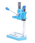 Jiawu High Capacity Electric Drill Stand Rotatable Bench Press For Wood Plastic Iron With 80mm Stroke Cast Iron Base with blue handle.