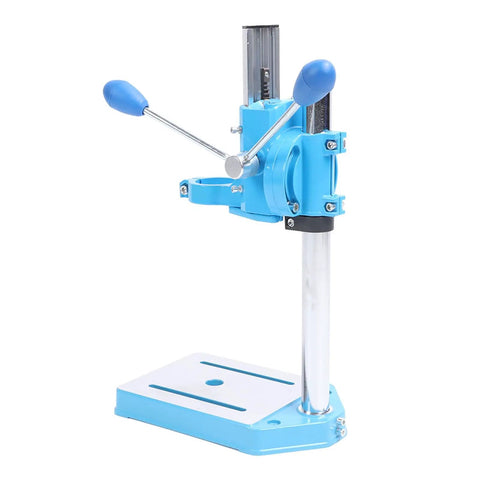 Jiawu High Capacity Electric Drill Stand Rotatable Bench Press For Wood Plastic Iron With 80mm Stroke Cast Iron Base with blue handle.